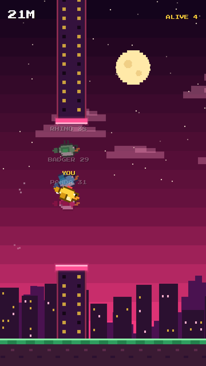 FLAP RACE: birds flying between neon towers over a pink city skyline at night