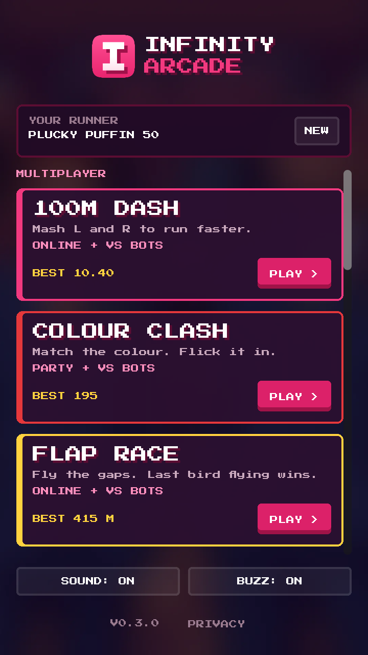 The Infinity Arcade hub: your runner name and a list of game cabinets, each with a PLAY button